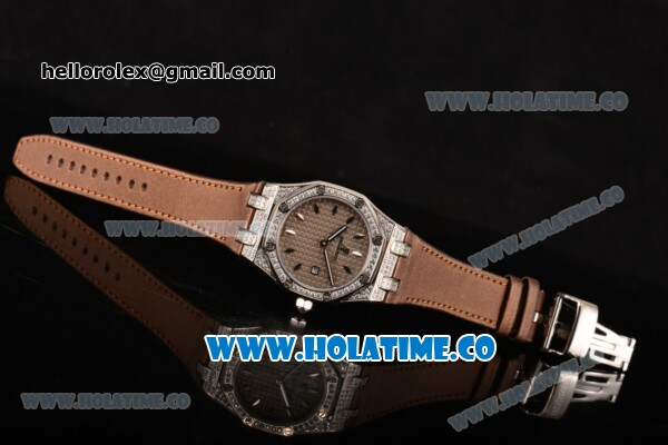 Audemars Piguet Royal Oak Lady Swiss Quartz Steel/Diamonds Case with Grey Dial and Brown Leather Strap (EF) - Click Image to Close